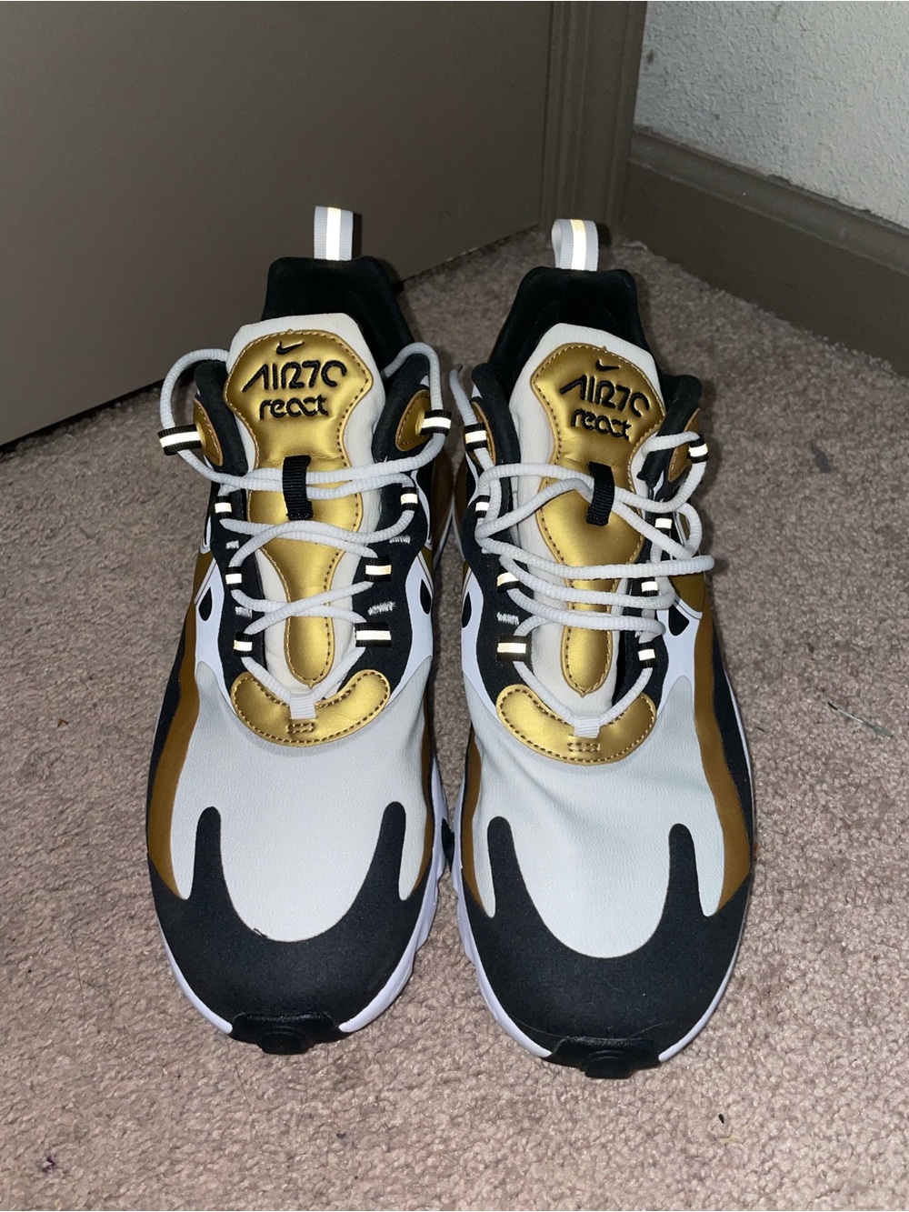 Nike Air Max 270 React Sneakers in White, Black & Gold